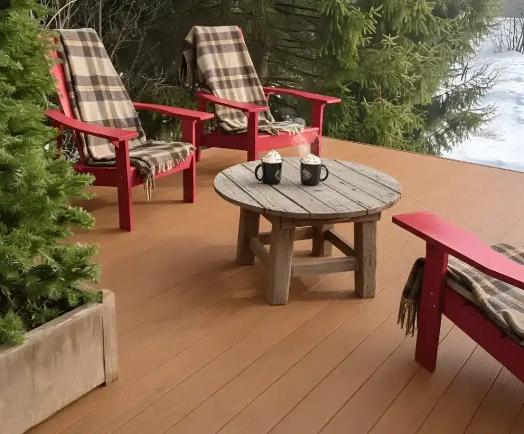Terrasse extérieure en composite avec chaises Adirondack rouges et table ronde