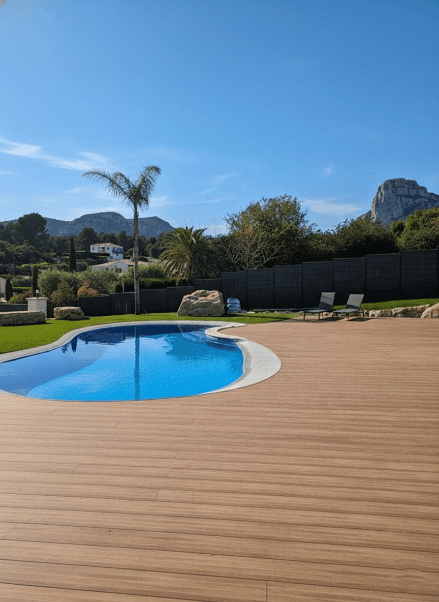 Terrasse en aluminium Bellalumi autour d’une piscine