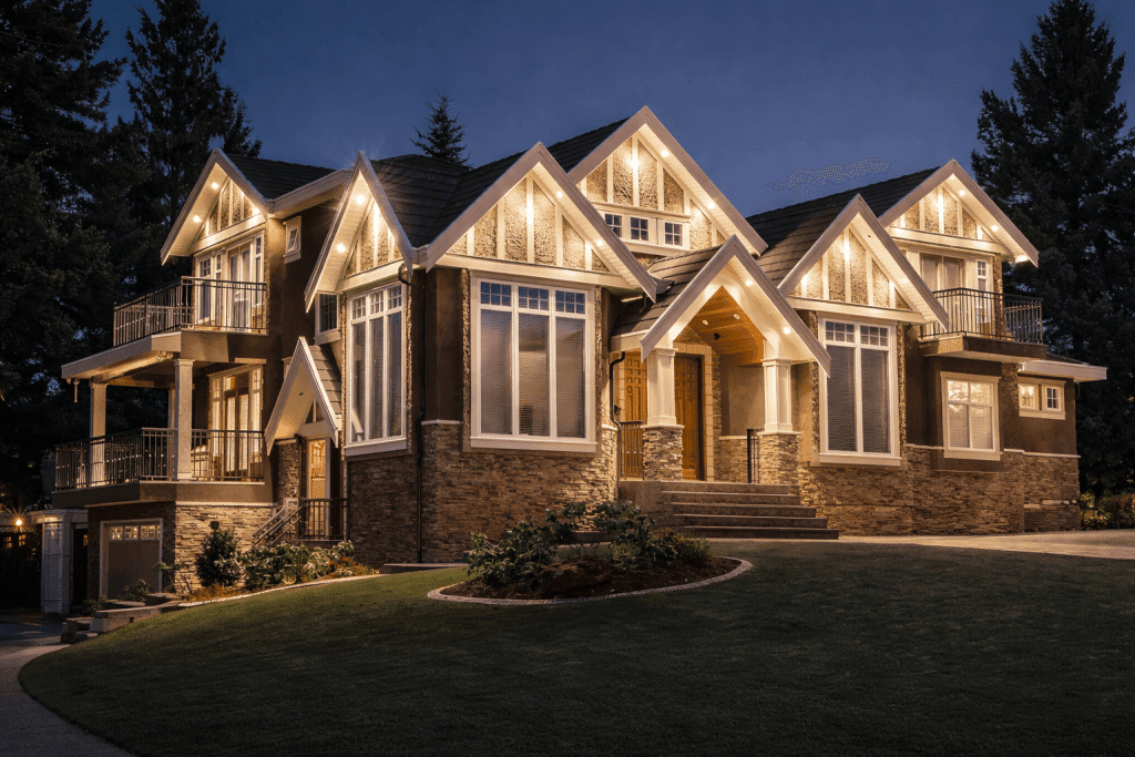Maison de luxe illuminée avec accents de bois et aménagement paysager