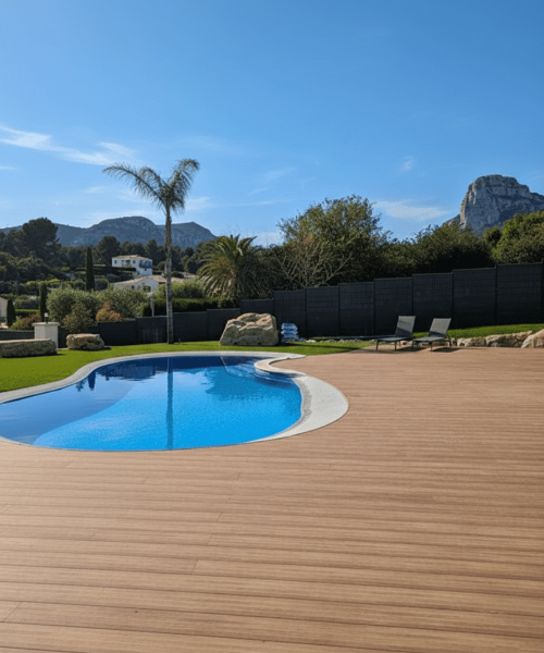 Terrasse en aluminium Bellalumi autour d’une piscine